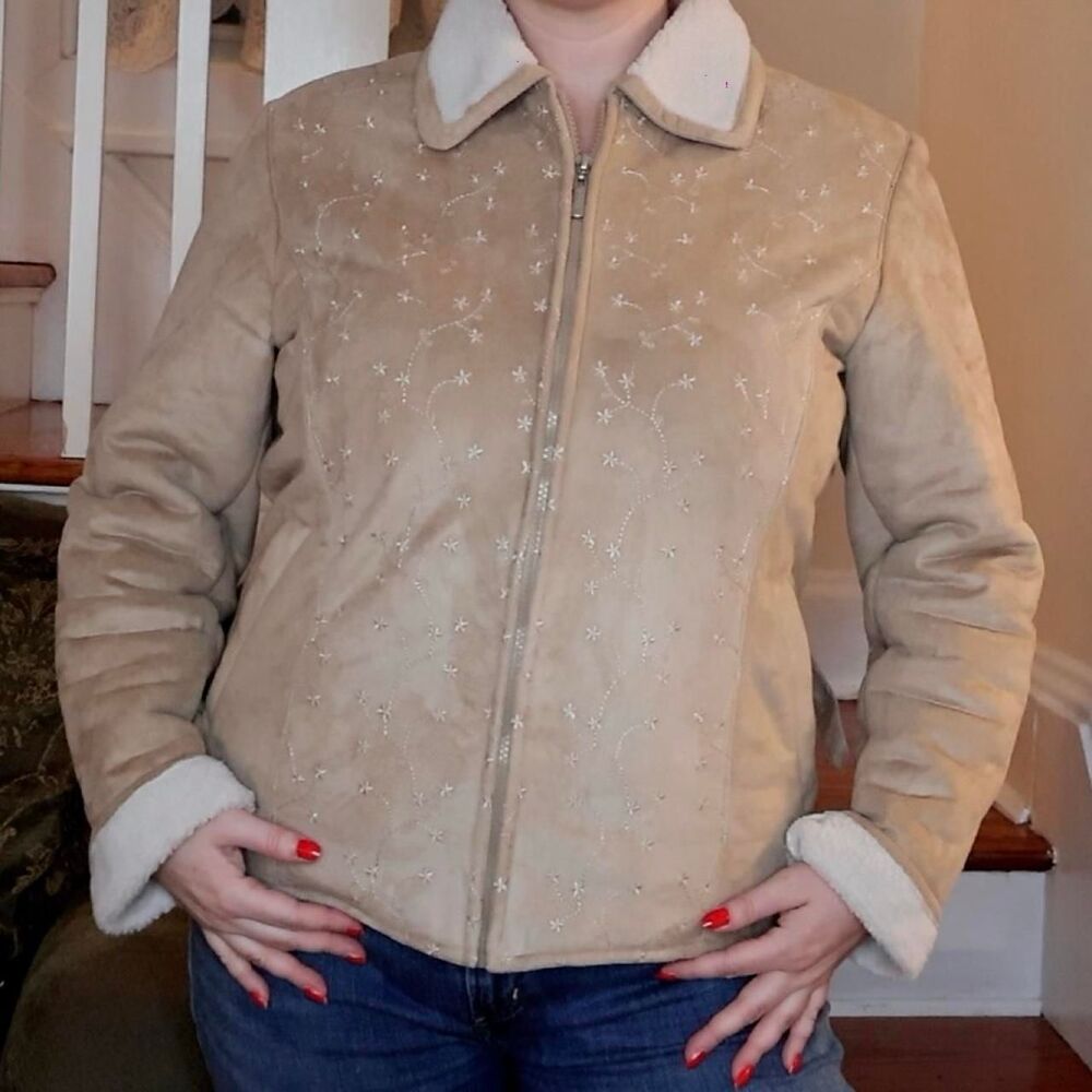 Embroidered Faux Suede Sherpa Jacket Sz Medium Gilmore Girls Penny Lane Y2K Fall